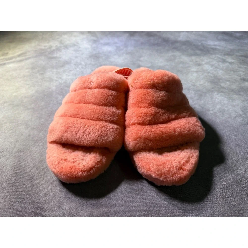UGG Fluff Yeah Slide Coral Pink Sheepskin Slingback Sandals 1095119K